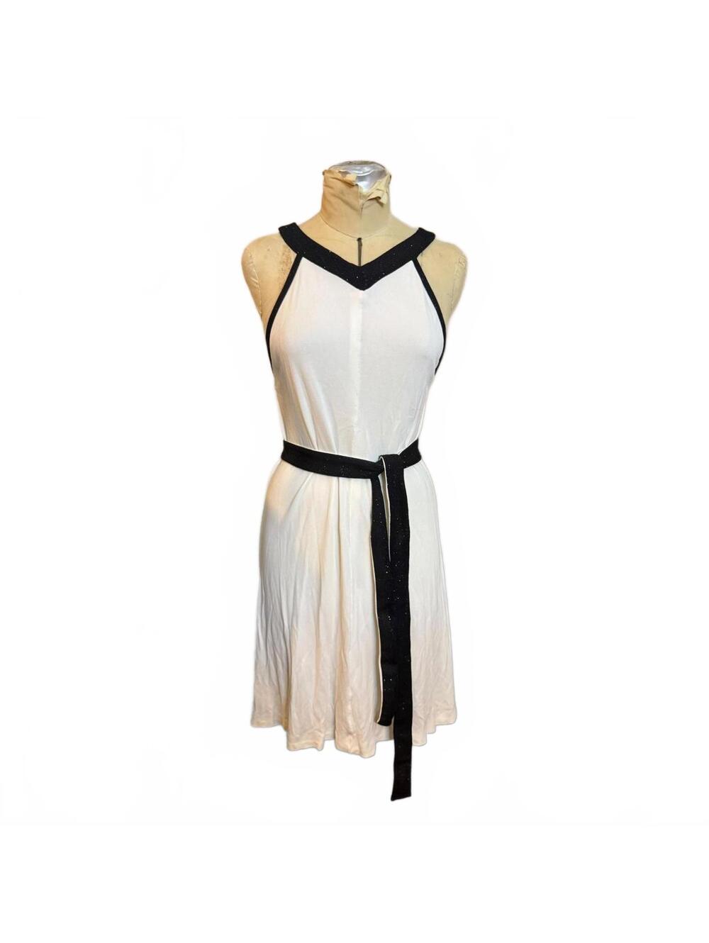 White Sleeveless Dress with Black Trim and Belt
